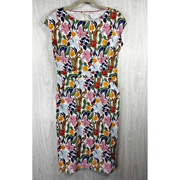 Boden Florrie Jersey Dress 14L Ivory Bird Floral NWT Pockets Resort Chic - Picture 2 of 9